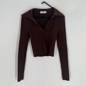 Babaton Aritzia Sculpt Long Sleeve Polo Ribbed Knit Crop Top